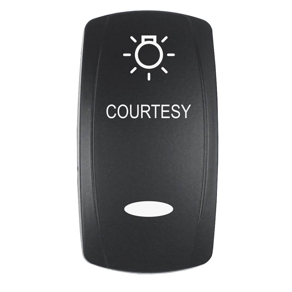 Suncoast Marine and Auto offers Pacer Actuator - 'COURTESY' f/V Series Contura Switches - Black - Laser Etched (Top/Bottom Light) [EV2LE-CTSY]