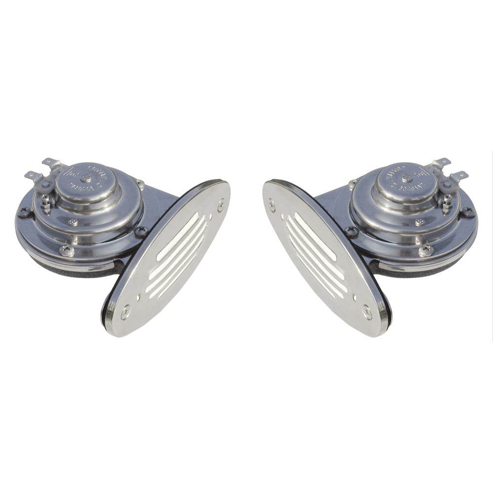 Suncoast Marine and Auto offers Schmitt Marine Mini Stainless Steel Dual Drop-In Horn w/Stainless Steel Grills High Low Pitch [10055]