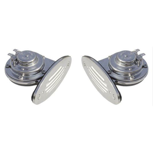 Suncoast Marine and Auto offers Schmitt Marine Mini Stainless Steel Dual Drop-In Horn w/Stainless Steel Grills High Low Pitch [10055]