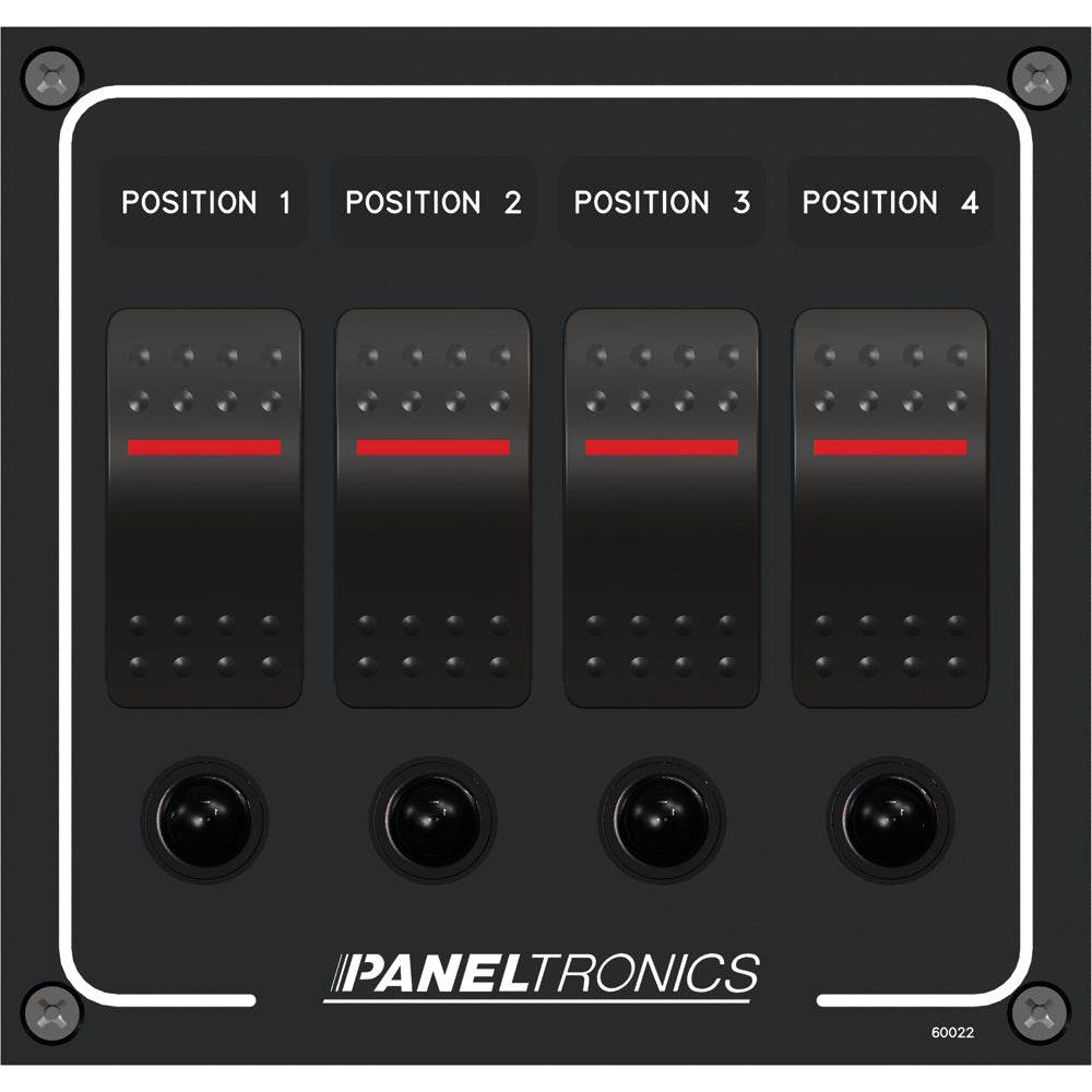 Suncoast Marine and Auto offers Paneltronics Waterproof Panel - DC 4-Position Illuminated Rocker Switch & Circuit Breaker [9960022B]