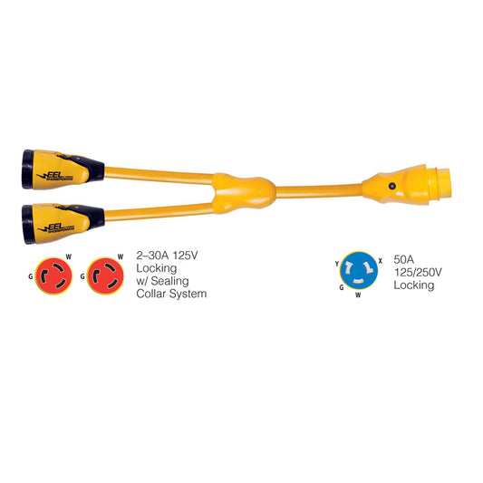 Suncoast Marine and Auto offers Marinco Y504-2-30 EEL (2)-30A-125V Female to (1)50A-125/250V Male "Y" Adapter - Yellow [Y504-2-30]