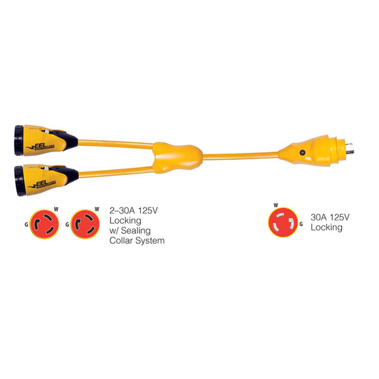 Suncoast Marine and Auto offers Marinco Y30-2-30 EEL (2)30A-125V Female to (1)30A-125V Male "Y" Adapter - Yellow [Y30-2-30]