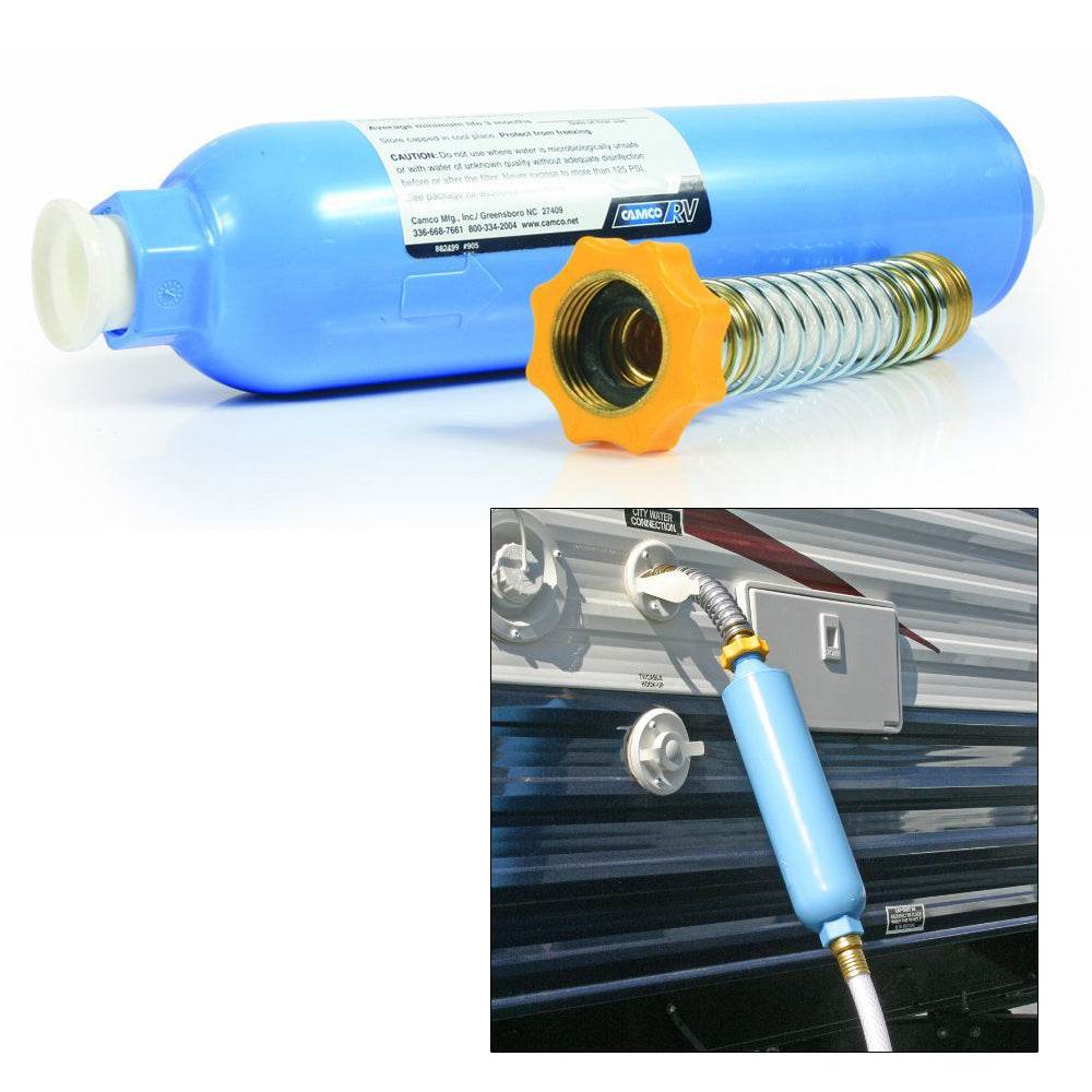 Suncoast Marine and Auto offers Camco TastePURE KDF/Carbon Water Filter w/Flexible Hose Protector [40043]