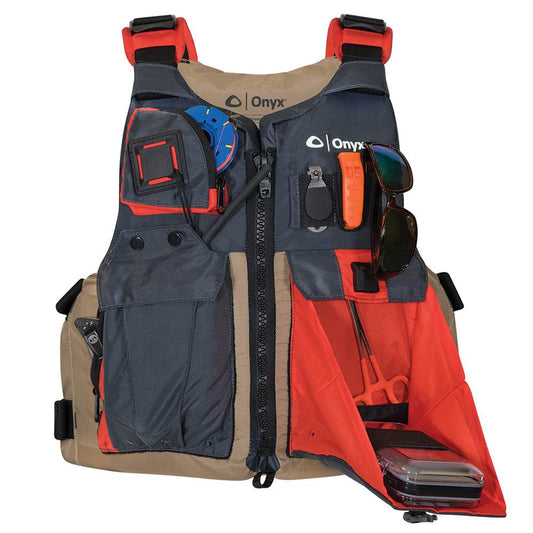 Suncoast Marine and Auto offers Onyx Kayak Fishing Vest - Adult Universal - Tan/Grey [121700-706-004-17]