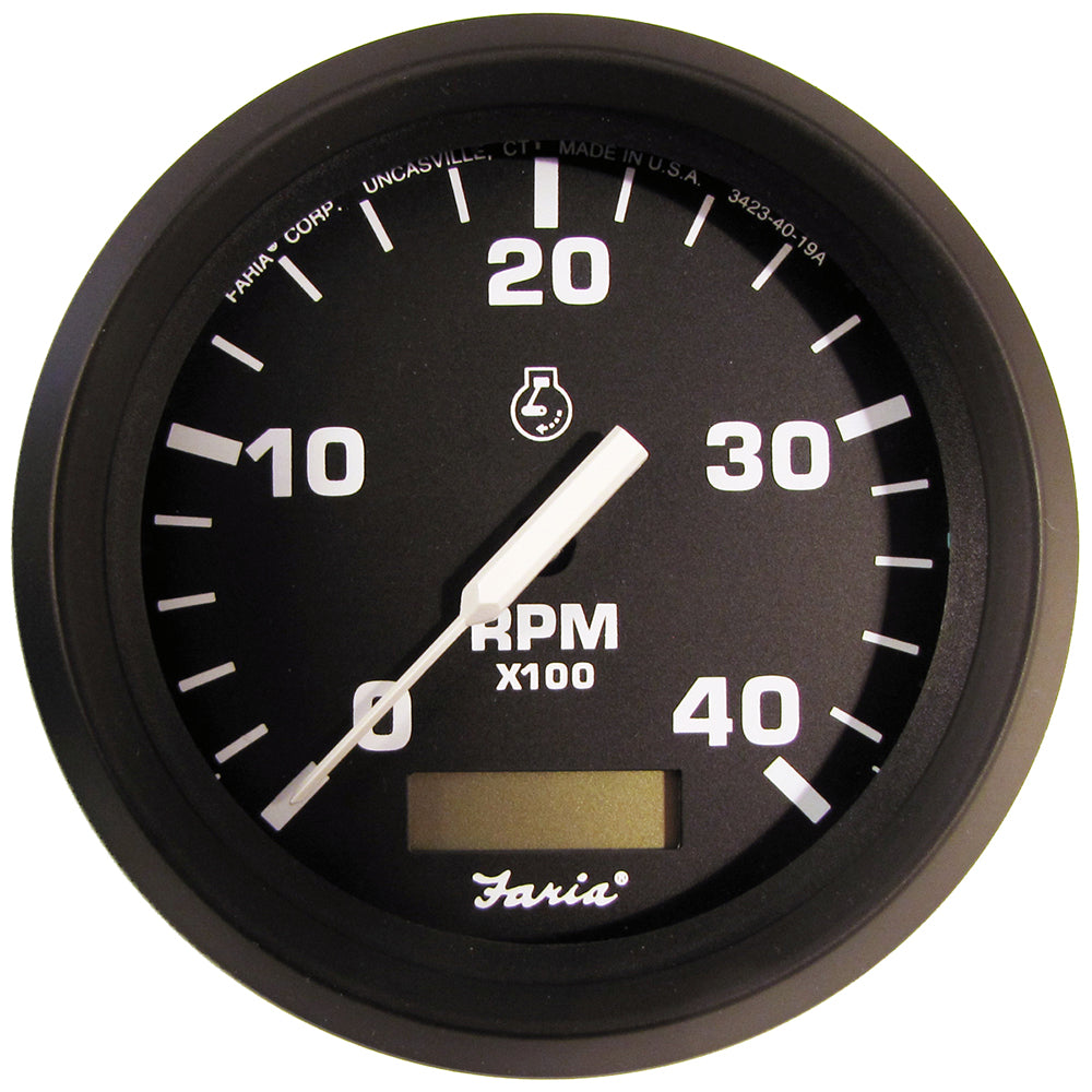 Suncoast Marine and Auto offers Faria Euro Black 4" Tachometer w/Hourmeter (4000 RPM) (Diesel)(Mech. Takeoff Var. Ratio Alt.) [32834]