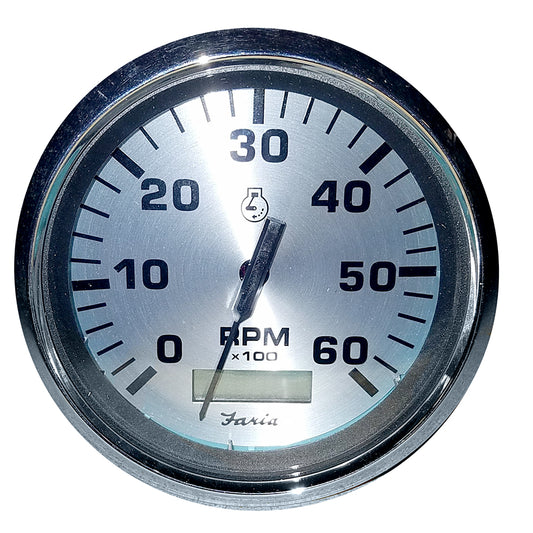 Suncoast Marine and Auto offers Faria Spun Silver 4" Tachometer w/Hourmeter (6000 RPM) (Gas Inboard) [36032]