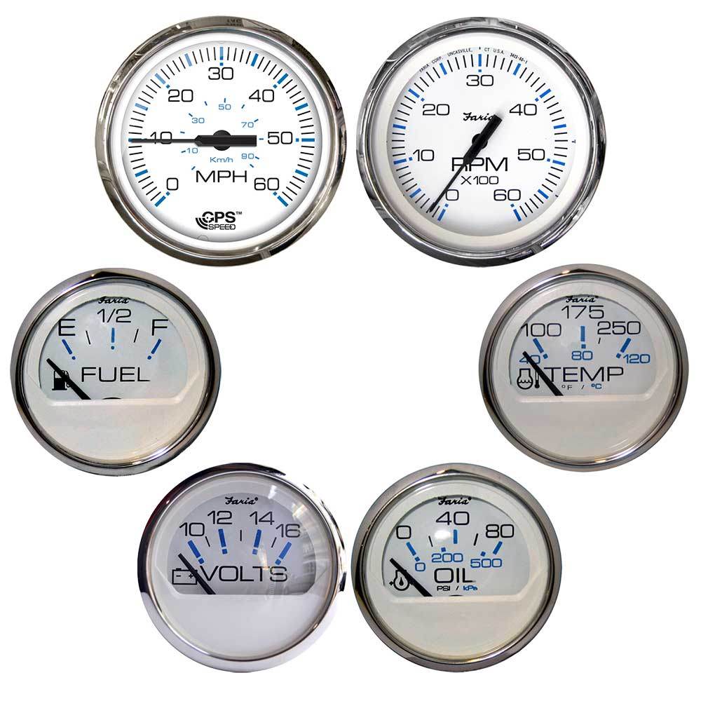 Suncoast Marine and Auto offers Faria Chesapeake White w/Stainless Steel Bezel Boxed Set of 6 - Speed, Tach, Fuel Level, Voltmeter, Water Temperature Oil PSI - Inboard Motors [KTF063]