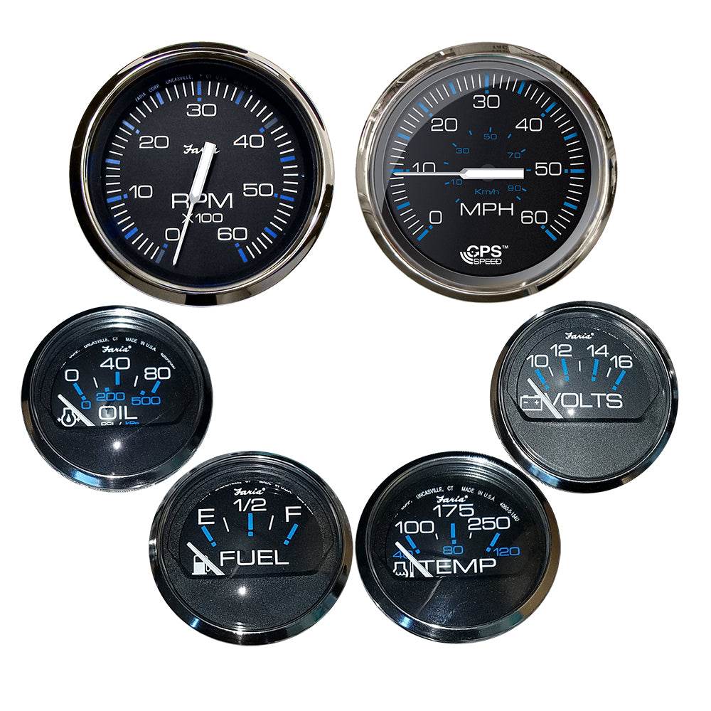 Suncoast Marine and Auto offers Faria Chesapeake Black w/Stainless Steel Bezel Boxed Set of 6 - Speed, Tach, Fuel Level, Voltmeter, Water Temperature Oil PSI - Inboard Motors [KTF064]