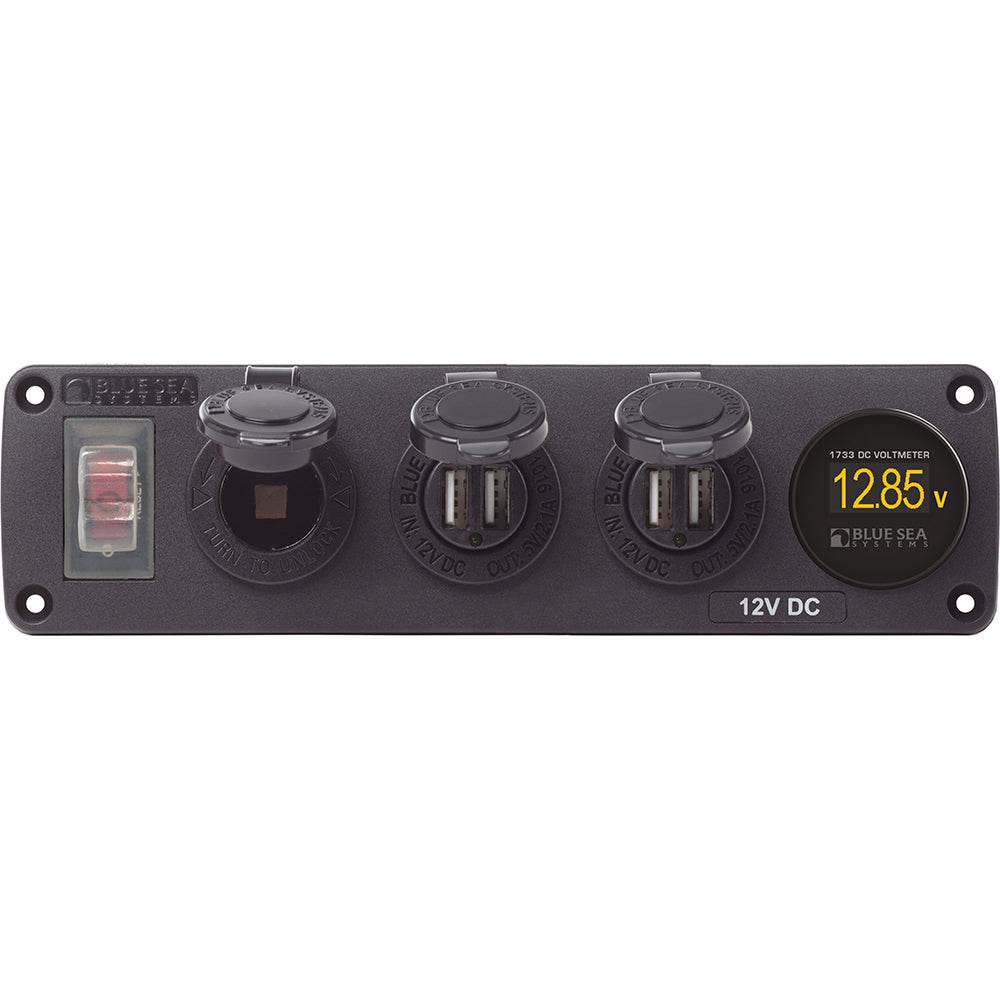 Suncoast Marine and Auto offers Blue Sea 4368 Water Resistant USB Accessory Panel - 12V Socket, 2x 2.1A Dual USB Chargers, Mini Voltmeter [4368]