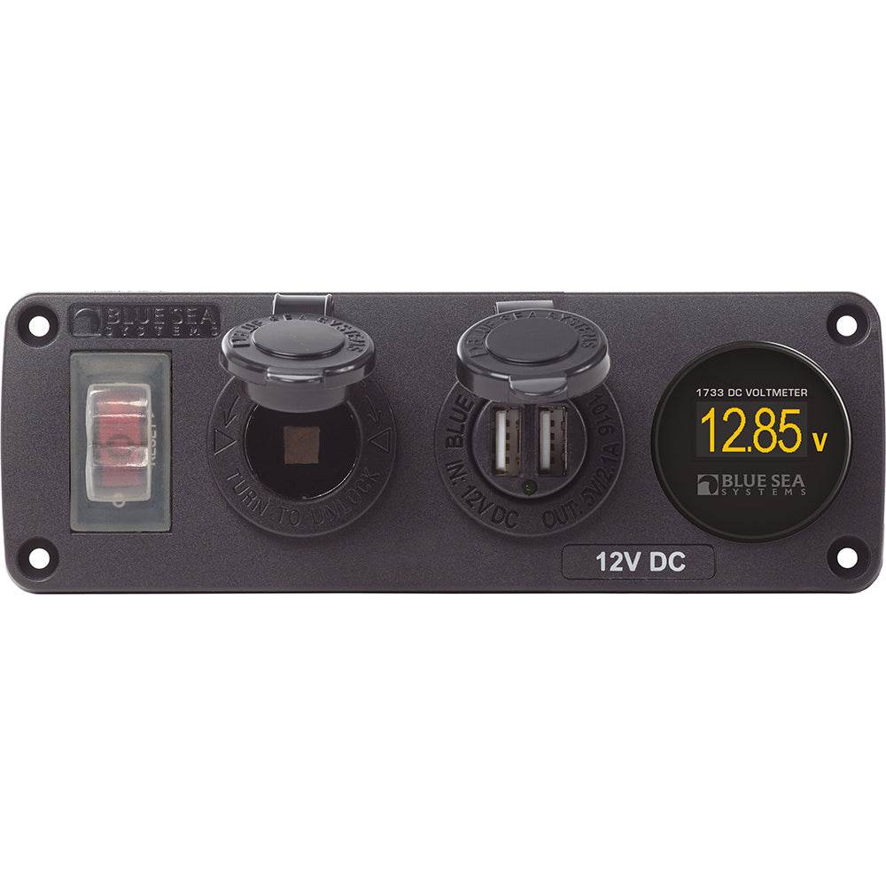 Suncoast Marine and Auto offers Blue Sea 4366 Water Resistant USB Accessory Panel - Circuit Breaker, 12V Socket, Dual USB Charger, Mini Voltmeter [4366]