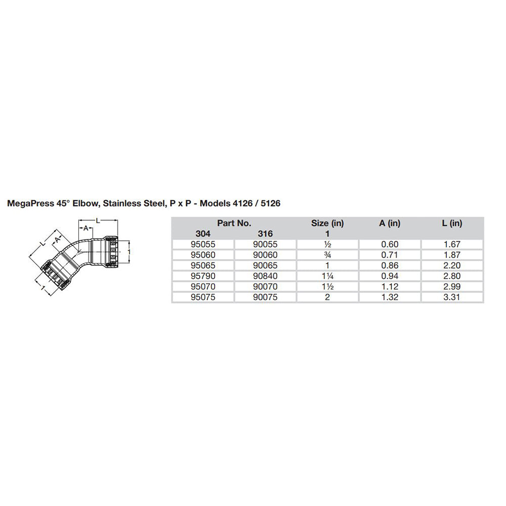 Suncoast Marine and Auto offers Viega MegaPress 1/2" 45 Stainless Steel 304 Elbow - Double Press Connection - Smart Connect Technology [95055]