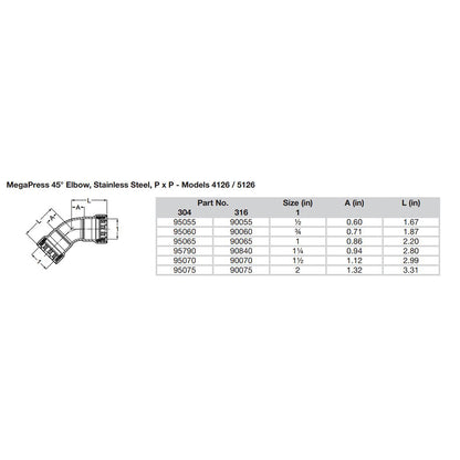 Suncoast Marine and Auto offers Viega MegaPress 1/2" 45 Stainless Steel 304 Elbow - Double Press Connection - Smart Connect Technology [95055]