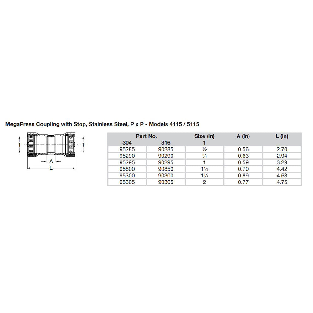 Suncoast Marine and Auto offers Viega MegaPress 1/2" Stainless Steel 304 Coupling w/Stop - Double Press Connection - Smart Connect Technology [95285]