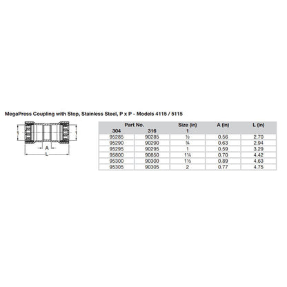 Suncoast Marine and Auto offers Viega MegaPress 1/2" Stainless Steel 304 Coupling w/Stop - Double Press Connection - Smart Connect Technology [95285]