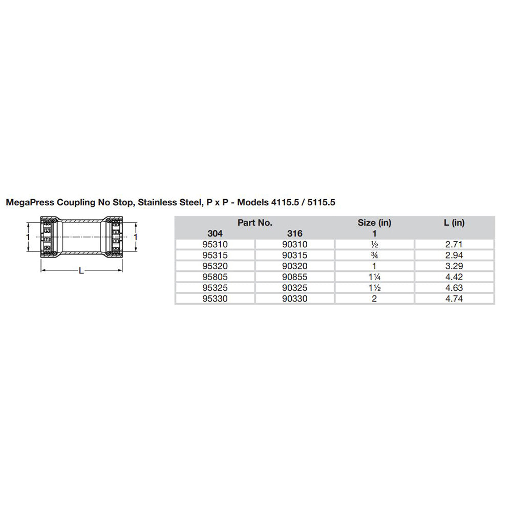 Suncoast Marine and Auto offers Viega MegaPress 1/2" Stainless Steel 304 Coupling w/o Stop - Double Press Connection - Smart Connect Technology [95310]