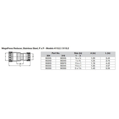 Suncoast Marine and Auto offers Viega MegaPress 1-1/2" x 1" Stainless Steel 304 Reducer - Double Press Connection - Smart Connect Technology [95345]