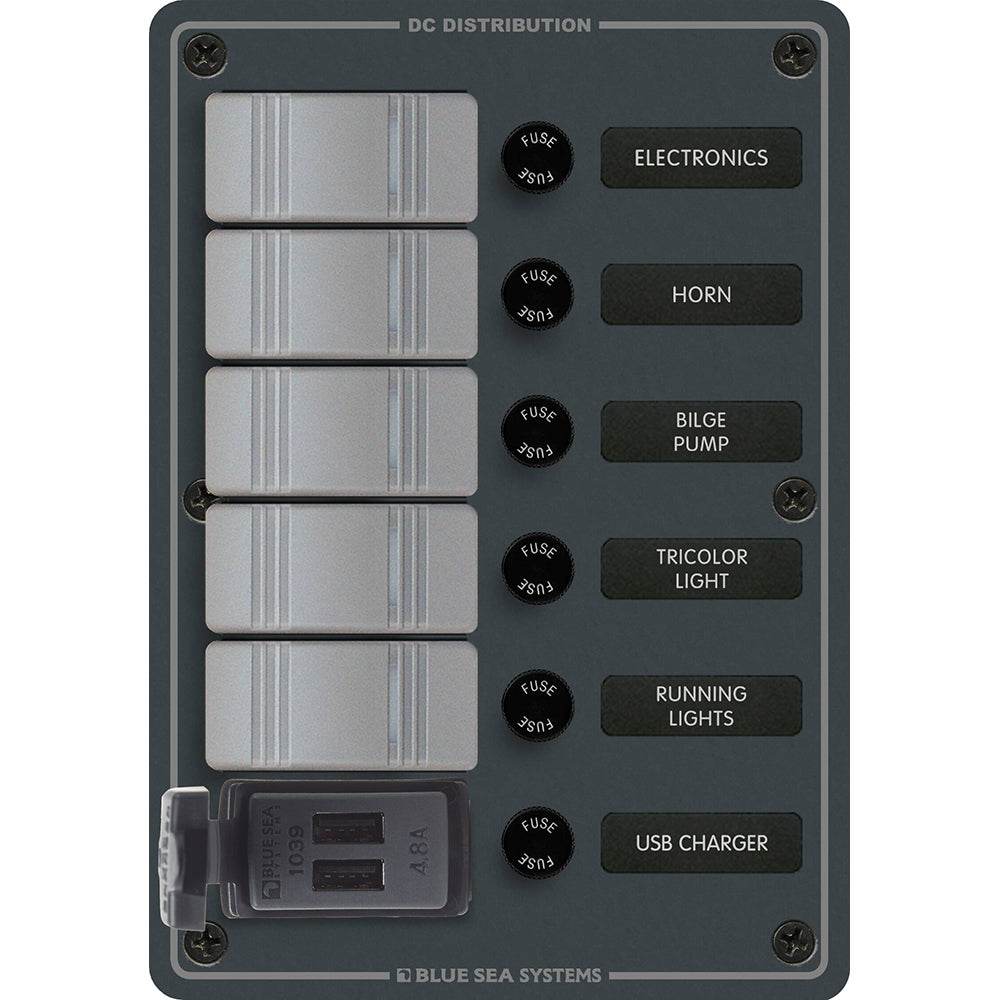 Suncoast Marine and Auto offers Blue Sea 8121 - 5 Position Contura Switch Panel w/Dual USB Chargers - 12/24V DC - Black [8121]