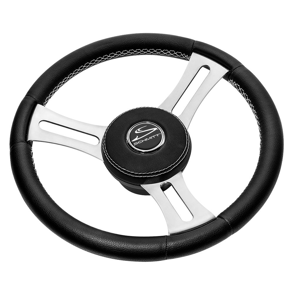 Suncoast Marine and Auto offers Schmitt Marine Torcello Elite 14" Wheel - Black Leather Cap - White Stitching - Polished SS Spokes - 3/4" Tapered Shaft [PU085241]