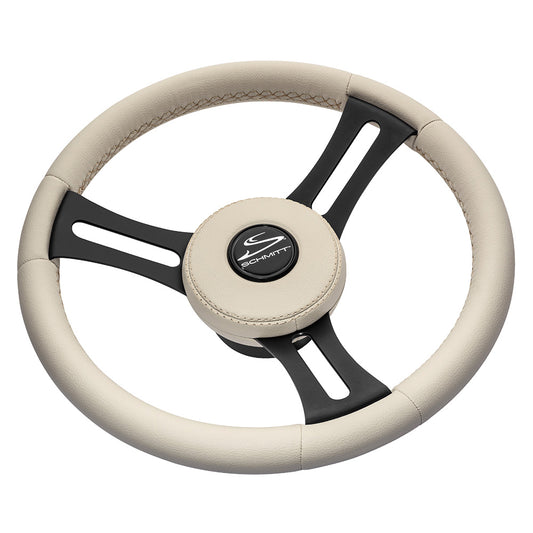 Suncoast Marine and Auto offers Schmitt Marine Torcello Elite 14" Wheel - Beige Leather Cap - White Stitching - Black SS Spokes - 3/4" Tapered Shaft [PU081B11]