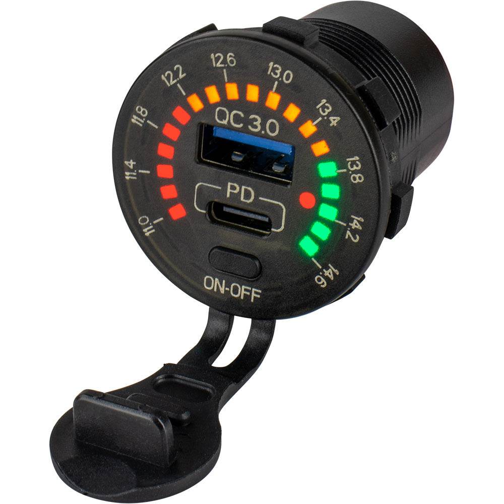 Suncoast Marine and Auto offers Sea-Dog Round Rainbow Voltmeter w/USB USB-C Power Socket [426519-1]