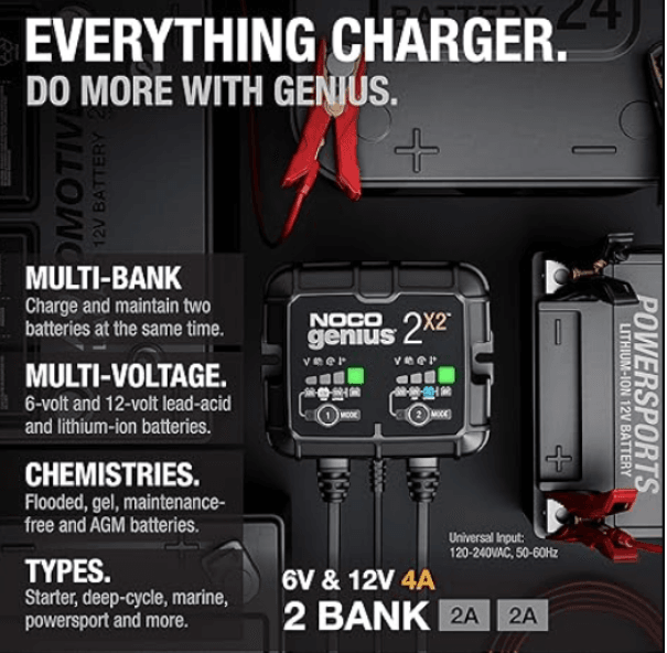 Suncoast Marine and Auto offers NOCO 2-Bank, 4-Amp Battery Charger GENIUS2X2