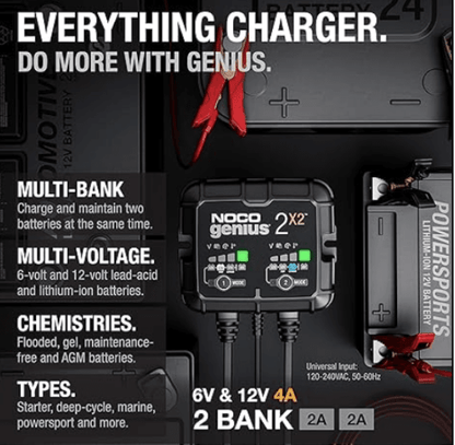 Suncoast Marine and Auto offers NOCO 2-Bank, 4-Amp Battery Charger GENIUS2X2