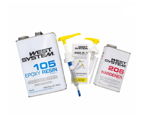 Suncoast Marine and Auto offers WEST SYSTEM 105-B Epoxy Resin Bundle with 206-B Slow Epoxy Hardener and 300 Mini Pumps Epoxy Metering 2-Pack Pump Set (3 Items) BUNDLE-206B