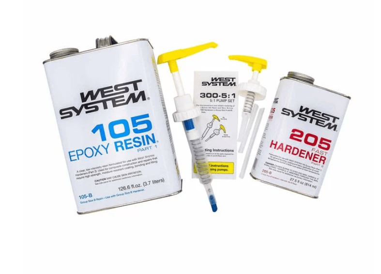 Suncoast Marine and Auto offers WEST SYSTEM 105-B Epoxy Resin Bundle with 205-B Fast Epoxy Hardener And 300 Mini Pumps Epoxy Metering 2-Pack Pump Set (3 Items) BUNDLE-205B