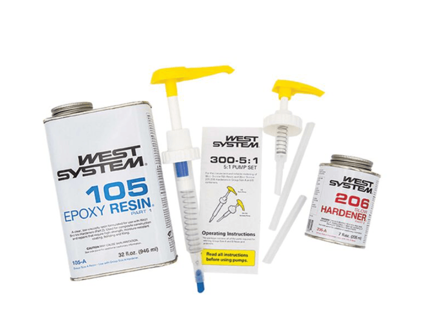 Suncoast Marine and Auto offers WEST SYSTEM 105-A Epoxy Resin Bundle with 206-A Slow Epoxy Hardener & 300 Mini Pumps Epoxy Metering 2-Pack Pump Set (3 Items) BUNDLE-206A