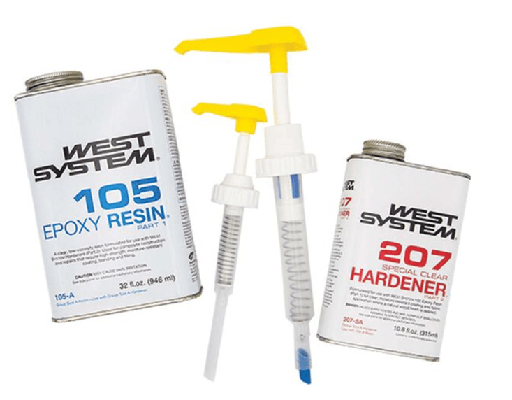 Suncoast Marine and Auto offers WEST SYSTEM 105-A Epoxy Resin Bundle w/ 207-SA Special Clear Epoxy Hardener & 300 Mini Pumps Epoxy Metering 2-Pack Pump Set (3 Items) BUNDLE-207SA