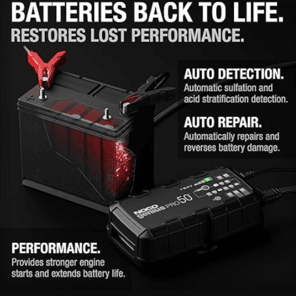 Suncoast Marine and Auto offers NOCO 50A Smart Car Battery Charger, 6V, 12V and 24V Portable Car Charger GENIUSPRO50