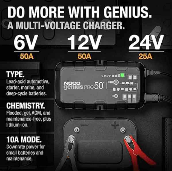 Suncoast Marine and Auto offers NOCO 50A Smart Car Battery Charger, 6V, 12V and 24V Portable Car Charger GENIUSPRO50